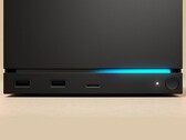 Frontvy av Valve Steam Machine med dubbla USB-portar, en USB-C-port, en ström-LED, en rund strömknapp och en blå LED-remsa. (Bildkälla: Valve)