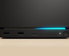 Frontvy av Valve Steam Machine med dubbla USB-portar, en USB-C-port, en ström-LED, en rund strömknapp och en blå LED-remsa. (Bildkälla: Valve)