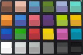 Foto av ColorChecker-färgerna. Referensfärgen är på den undre halvan av varje fält.