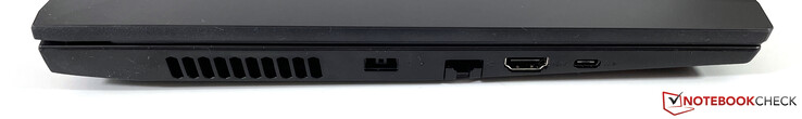 Till vänster: ström (smal spets), Gigabit Ethernet, HDMI 2.0, USB-C 3.2 Gen 1