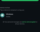 WhatsApp-inställningar som visar listan över anslutna enheter och informationen om end-to-end-kryptering