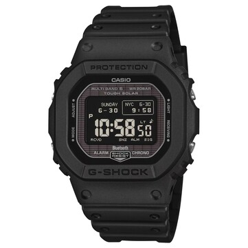 Casio G-Shock GW-BX5600-1 digitalklocka med svart hölje och armband i plast, med en positiv MIP-display med ljusa tecken på mörk bakgrund.