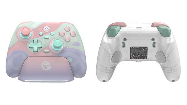 GameSir T7 Pro Sugar Whirl har en laddningsstation och två bakknappar.