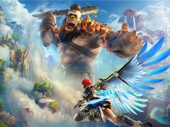 Fenyx svävar med glödande blå vingar medan han möter en hög eldjätte i Immortals Fenyx Risings mytomspunna öppna värld. (Bildkälla: Ubisoft)