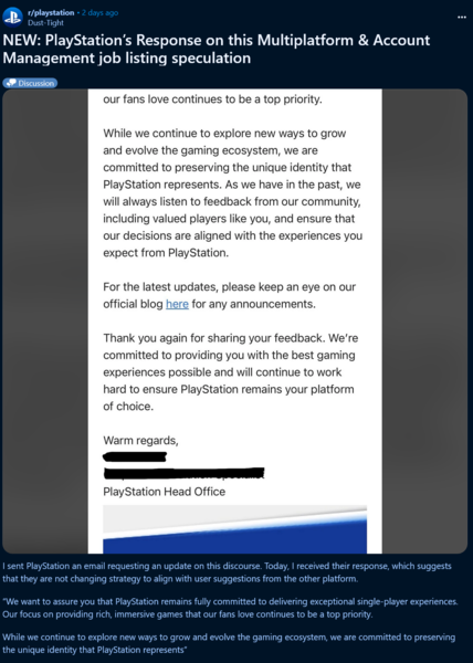 PlayStation svarar på klagomål om PS5-spel över plattformar (Bildkälla: skärmdump, PlayStation subreddit)