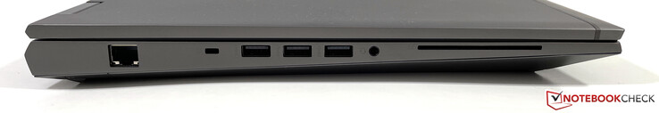 Vänster sida: Ethernet, plats för ett nanosäkerhetslås, 3x USB 3.2 Gen 1 (1x strömförsörjd), 3,5 mm stereojack, SmartCard
