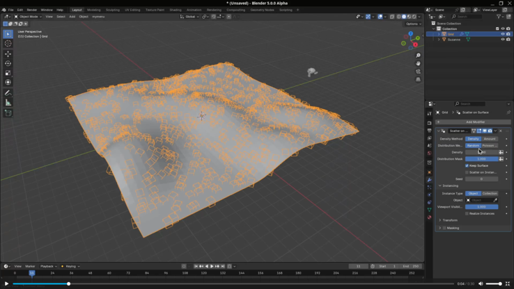 Blender 5.0 spridning på ytmodifierare. (Bildkälla: Blender)