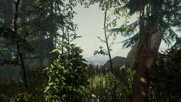 En bild som visar ett landskap och en båt i The Forest.