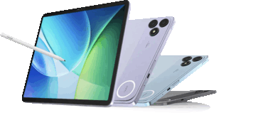 Surfplattan Blackview Zeno 6 med en pekpenna, visad tillsammans med lila, blå och grå bakpaneler.