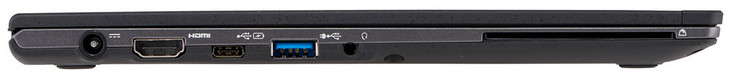 Vänster: ström, HDMI, 2x USB 3.1 Gen1 (1x USB Typ C, 1x USB Typ A), kombinerad ljudanslutning, smartcard-läsare