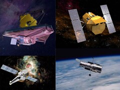 På bilden syns rymdteleskopen JWST, Hubble, Chandra och Swift (Bildkälla: NASA; redigerad)