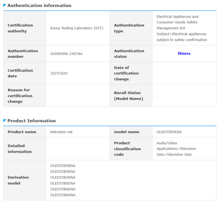 En skärmdump av den senaste noteringen i Safety Korea-databasen med LG B5 och B6 TV-modellnummer. (Bildkälla: LG)