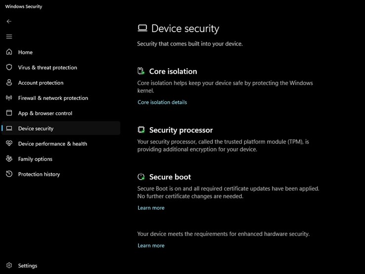 Sidan ”Enhetssäkerhet” i appen Windows-säkerhet visar den officiella gröna statusindikatorn.