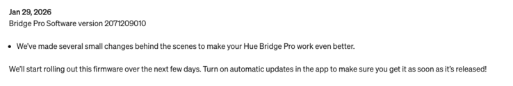 Release notes för Philips Hue Bridge Pro Software version 2071209010 (identisk med Hue Bridge v2 uppdatering). (Bildkälla: Skärmdump från Philips Hue supportsida)