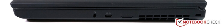 Höger: 3.5 mm ljud, USB typ C 3.1 Gen 1 (Power Delivery & DisplayPort), nano-SIM tråg, Kensington-lås