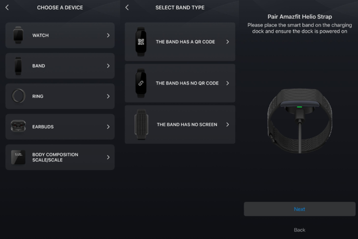Amazfit Helio Strap har setts i Zepp-appen (skärmdumpar ovan). (Bildkälla: Zepp-appen)