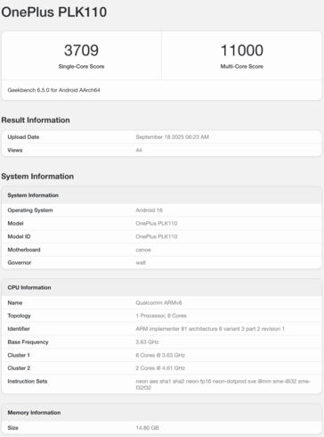 OnePlus 15 med Snapdragon 8 Elite Gen 5 visas på Geekbench. (Bildkälla: Geekbench)