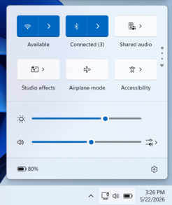 Den nya rutan ”Delat ljud” i snabbinställningspanelen i Windows 11.