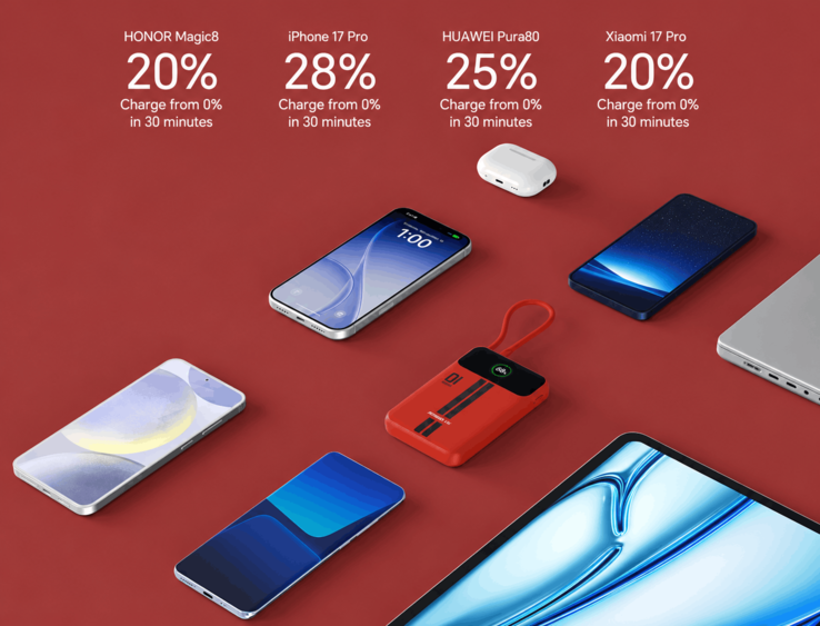 Honor Life-powerbank visas tillsammans med smarttelefoner, trådlösa hörlurar och en bärbar dator