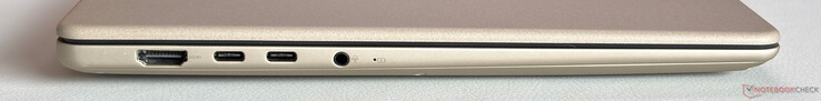 Vänster: HDMI 2.1 (TMDS), 2x USB-C 3.2 Gen.2 (10 Gbps, DisplayPort, Power Delivery), 3,5 mm stereo