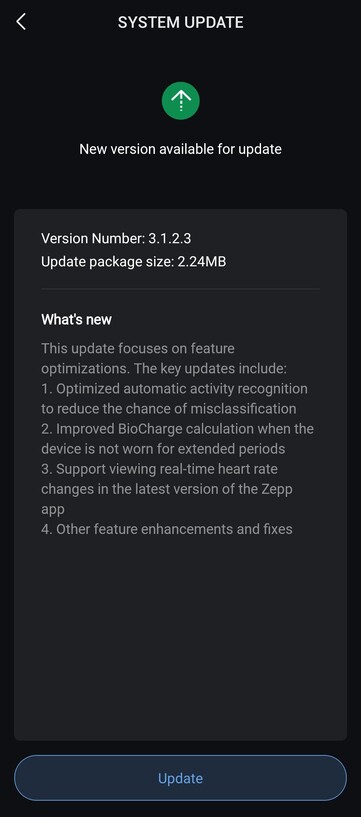 Releaseanteckningarna för programvaruversion 3.1.2.3 för Amazfit Helio Strap. (Bildkälla: u/FluffyMousse6975 via Reddit)