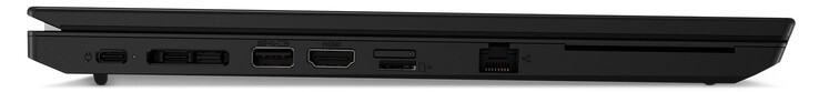 Vänster sida: 1x USB-C 3.2 Gen1 (strömanslutning), 1x Thunderbolt 4, dockningsport, 1x USB-A 3.2 Gen1, HDMI, microSD-kortläsare, GigabitLAN, smartkortläsare