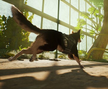 Agent T.H.U.N.D.E.R. springer genom ett växthusliknande område i Barkour och visar parkourrörelser i grönskande omgivningar. (Bildkälla: Varsav Game Studios via Steam)