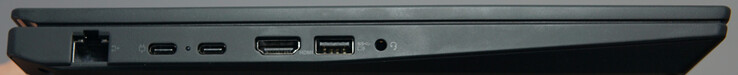 Anslutningar vänster: 1 Gigabit LAN, USB4 (40 Gbit/s, DP), USB-C (10 Gbit/s), HDMI, USB-A (5 Gbit/s), Headset