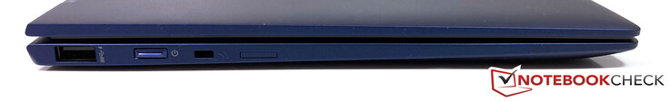 Vänster: USB-A 3.1 Gen.1, Plats för säkerhetslås, Startknapp, Plats för Nano-SIM