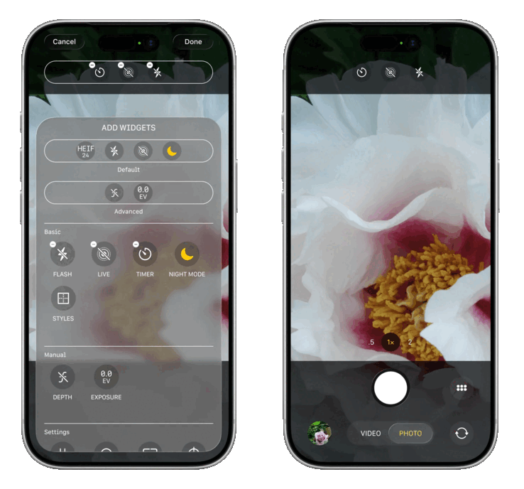 Kameraappen i iOS 27 kommer att omarbetas för att bli helt anpassningsbar med en rad olika kontrollalternativ (till vänster), medan huvudgränssnittet för fotografering förväntas placera kontrollerna i övre mitten.