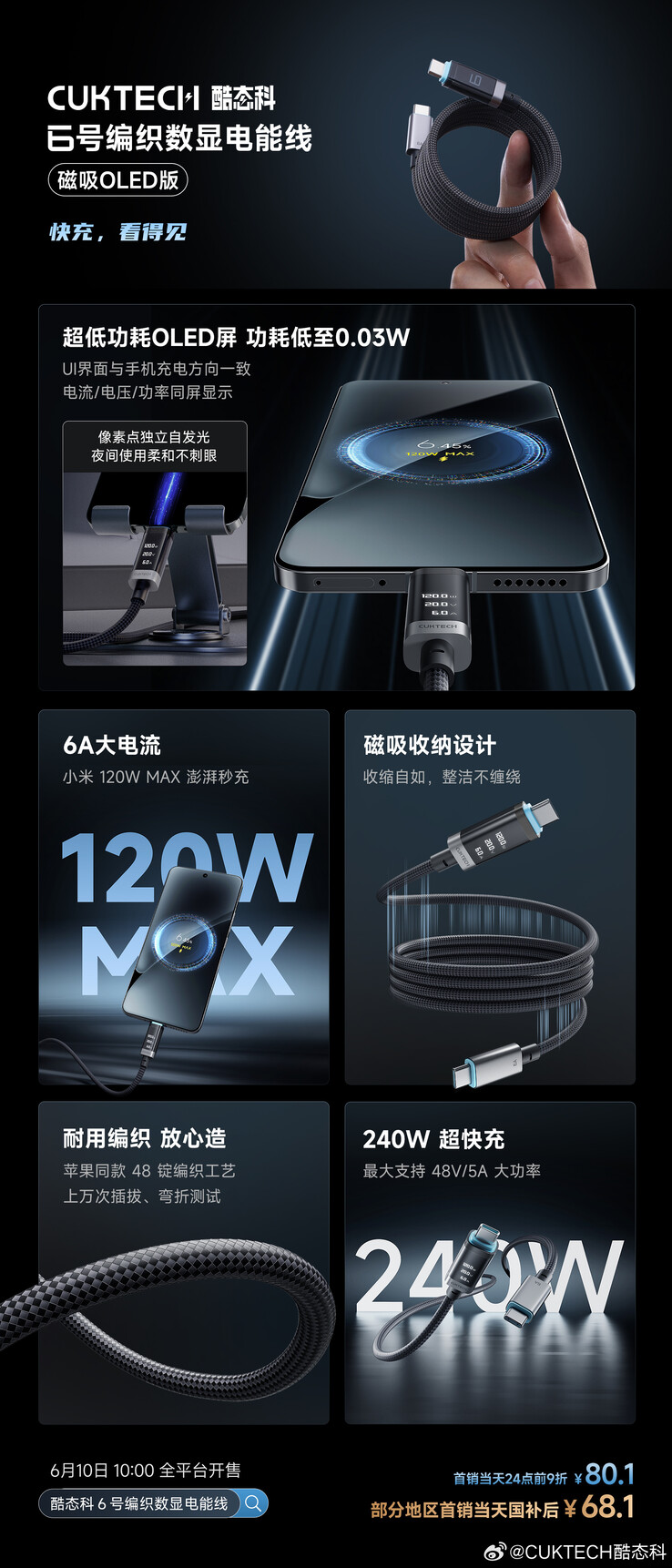 Ett inlägg för Cuktech 6 flätad strömkabel för digital display (magnetisk OLED-version). (Bildkälla: Cuktech via Weibo, maskinöversatt)