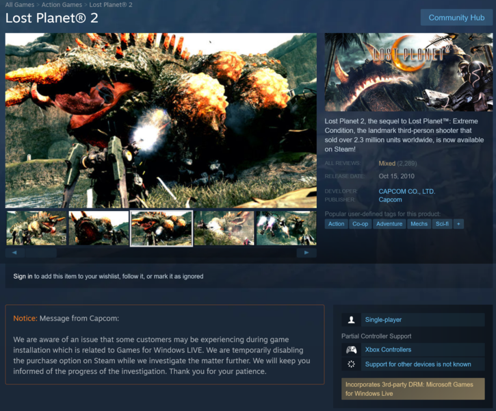 Lost Planet 2 Steam-sida med Capcom-uppdatering om multiplayer (Bildkälla: Steam)