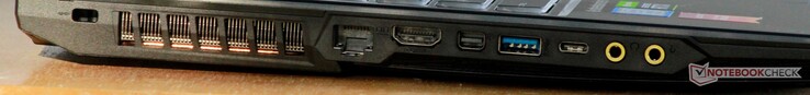 Vänster: Ventilation, Ethernet, HDMI 1.4, mini-DisplayPort 1.2, USB 3.1 Gen 1 Typ A, USB 3.1 Gen 1 Typ C, Hörlurar ut, Mikrofon in