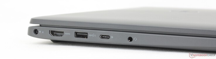 Vänster: Egen nätadapter, HDMI 1.4, USB-A 3.2 Gen. 1, USB-C 3.2 Gen. 2 m/ DisplayPort 1.4 + Power Delivery, 3,5 mm headset