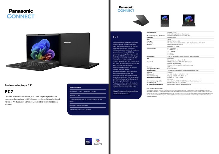Specifikationer för Panasonic Let's Note FC7