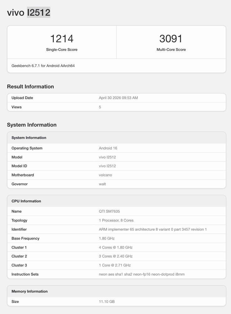 Geekbench-listning av iQoo Z11.