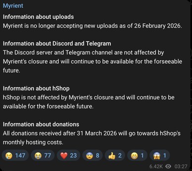 Uppladdningar till Myrient kommer inte längre att vara möjliga.
