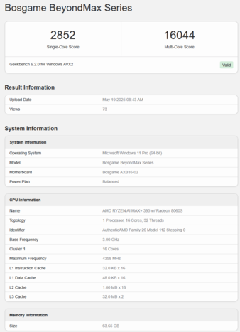 Bosgame M5 AI Mini Desktop på Geekbench (bildkälla: Geekbench)