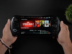 GPD Win 5 handhållen speldator som kör SteamOS och visar Marvel's Spider-Man 2 och andra aktuella spel på skärmen. (Bildkälla: ETA Prime via YouTube)