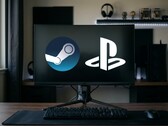 Steam- och PlayStation-logotyper visas på PC-skärmen