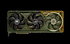 ROG Astral GeForce RTX 5080 kommer i grönt och guld som Doom Slayer-dräkten. (Bildkälla: Asus/Bethesda