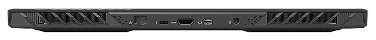 Baksida: Gigabit Ethernet (2,5 GBit/s), Thunderbolt 4 (USB-C; Power Delivery), HDMI 2.1, Mini Displayport 1.4, strömanslutning