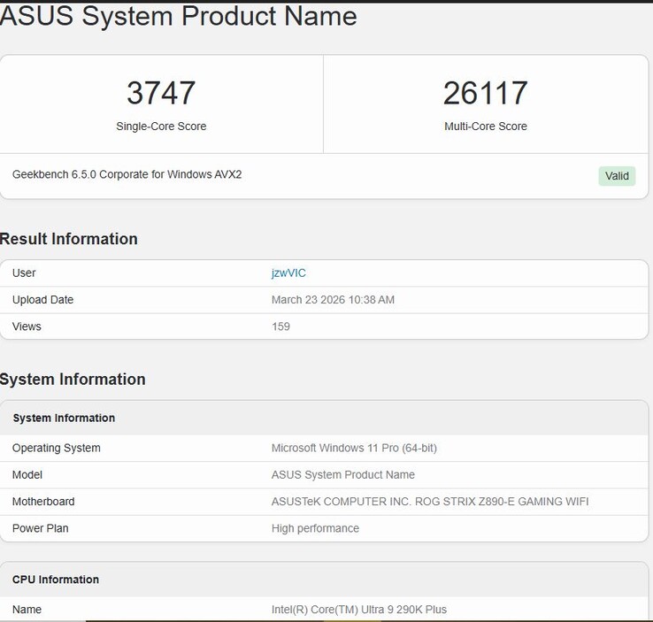 Core Ultra 9 290K Plus Geekbench 6.5 prestanda.