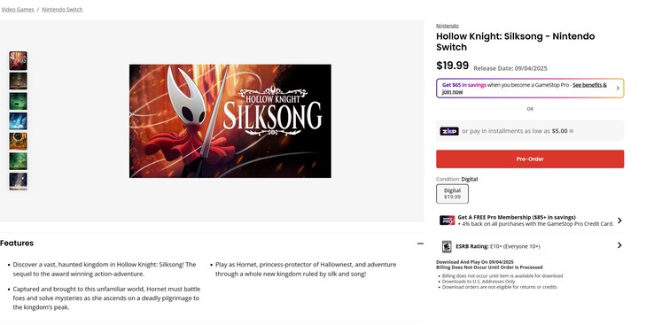 Hollow Knight: Silksong GameStop Switch förbeställningslista (Bildkälla: skärmdump, GameStop)