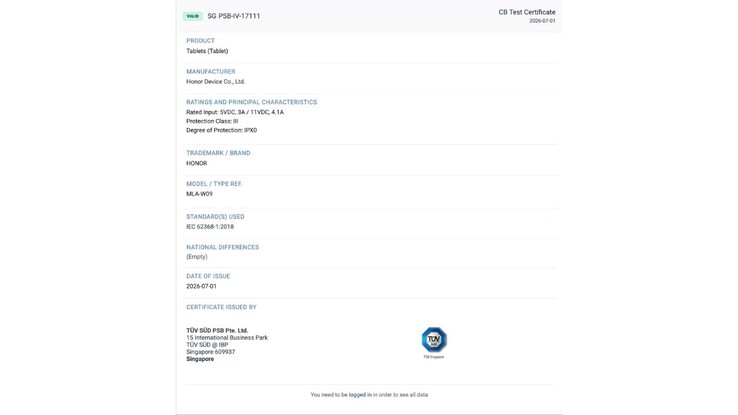 TÜV SÜD:s certifiering för Honor Pad 20 Pro.