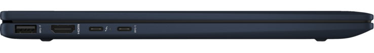 Vänster: USB 3.1 Gen 2 Type-A, HDMI 2.1-utgång, Thunderbolt 4 (med DisplayPort 2.1-utgång och strömförsörjning), USB 3.1 Gen 2 Type-C (med DisplayPort 2.1-utgång och strömförsörjning)