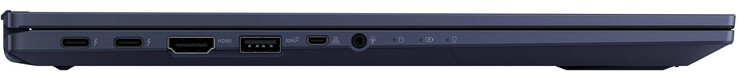 Vänster sida: 2x Thunderbolt 4 (USB-C; Power Delivery, DisplayPort), HDMI, USB 3.2 Gen 2 (Typ-A), Gigabit Ethernet via Micro HDMI, kombinationsljud