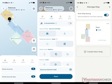 eufy-appen visar laddningsanimering, rengöringsalternativ och karthanterare.