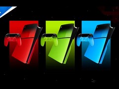 Konstnärlig rendering av PS5-konsolen och Dual Sense-kontrollen i röda, gröna och blå färger.