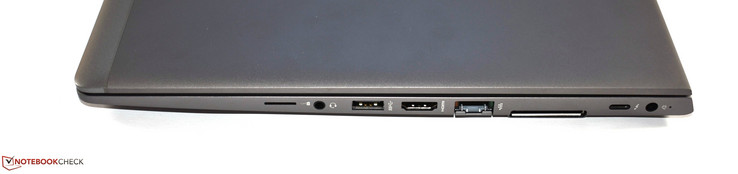 Höger sida: SIM-plats, 3.5 mm ljudanslutning, USB 3.0 Typ A-port, HDMI, RJ45 Ethernet, dockningsport, USB Typ C Thunderbolt 3-port, nätanslutning